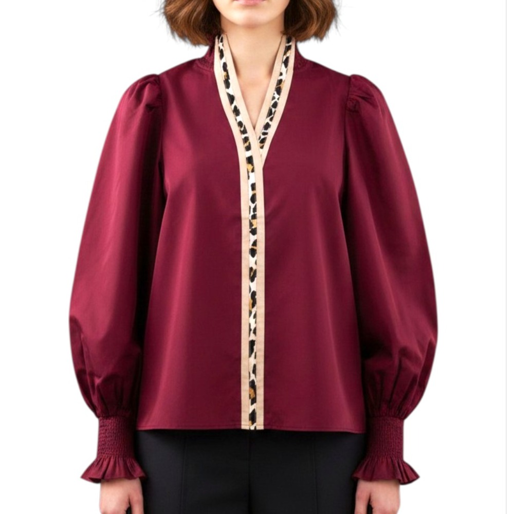 ENTRO Burgundy Poplin Top Blouse LEOPARD TRIM Puff Sleeve SMOCKED NECK/CUFF sz L